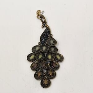 Lucky Brand Large Peacock Pendant Antique Gold Tone Green Rhinestone Bird Boho